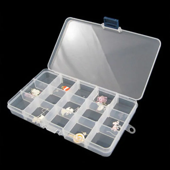 קנו ציוד לדיג  Newly clear plastic fishing tackle box 15 Slots Adjustable  Plastic Fishing Lure Hook Tackle Box Storage Case Organizer