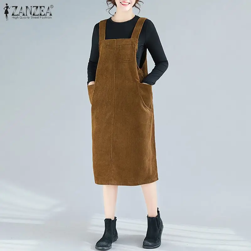 ZANZEA Women Corduroy Overalls Dress 