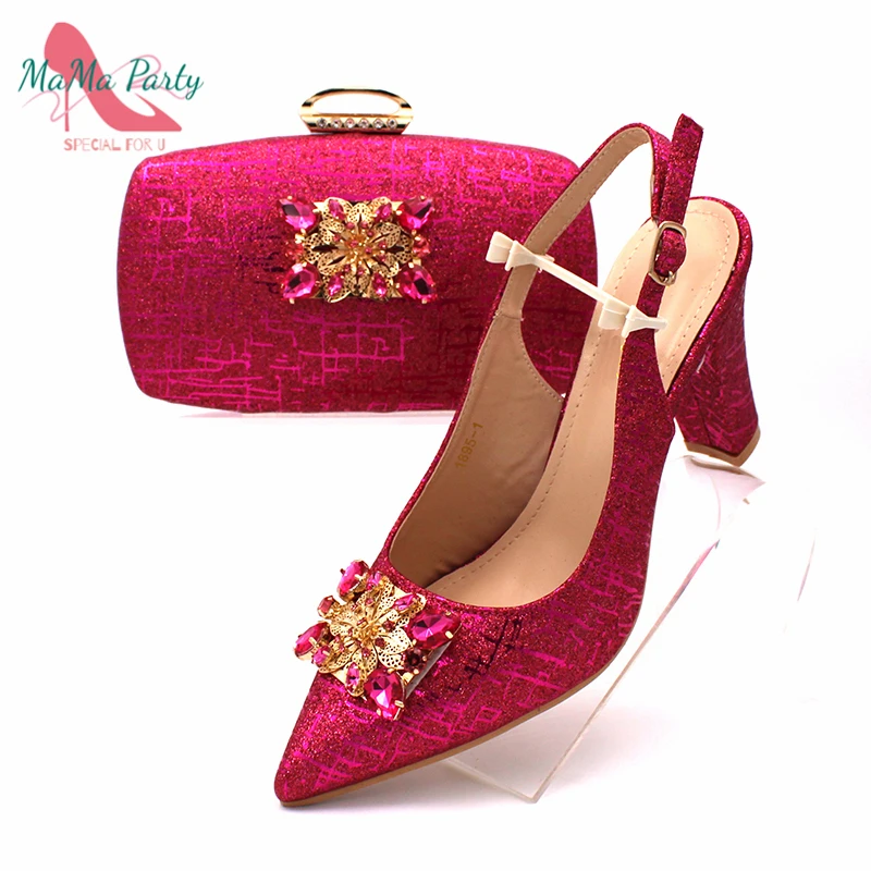 Fashionable African Shoes and Bag Set Italian Women  Fuchsia Color Nigerian Shoes with Matching Bags for Royal Wedding Party