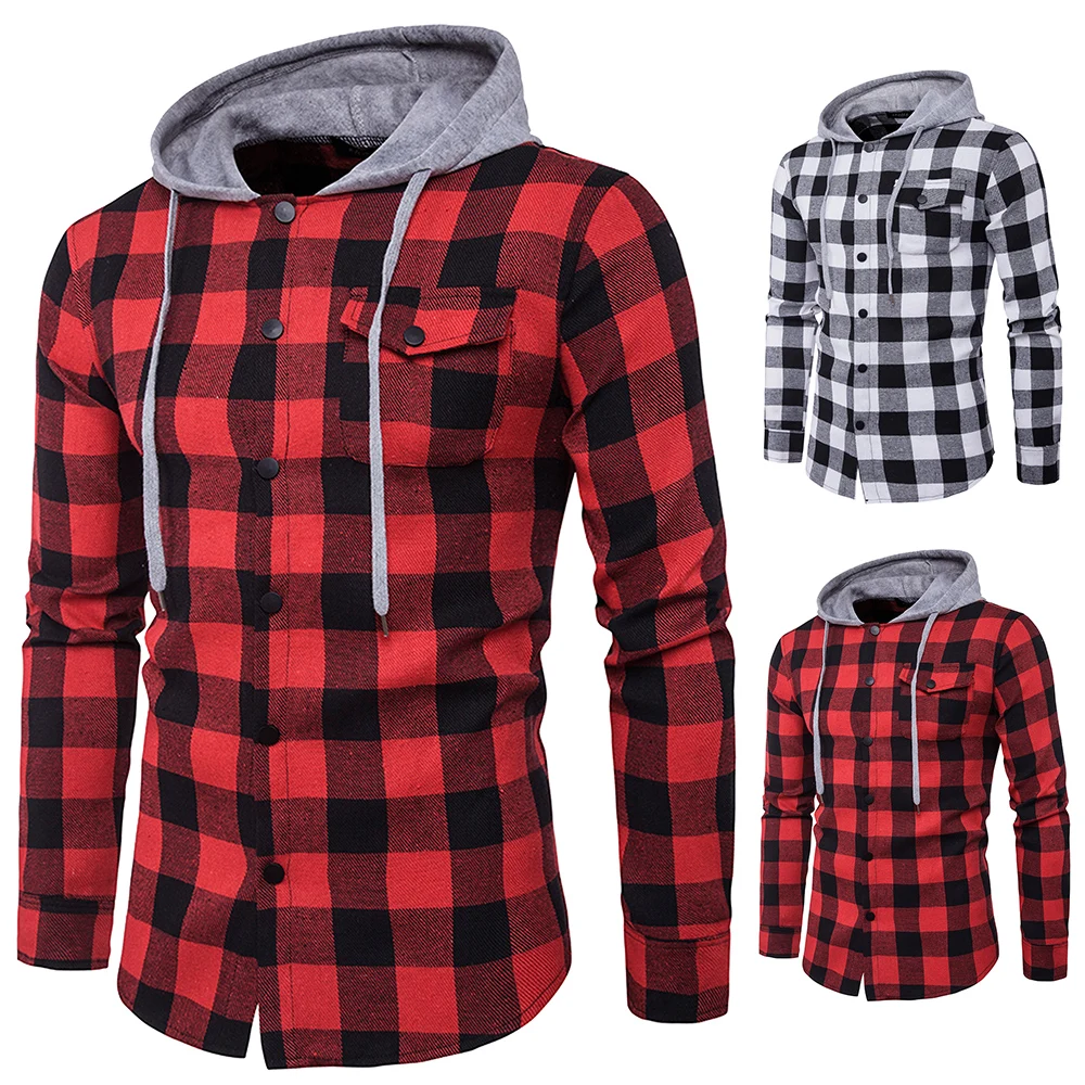 New Men Long Sleeve Shirt Hoodie Plaid 