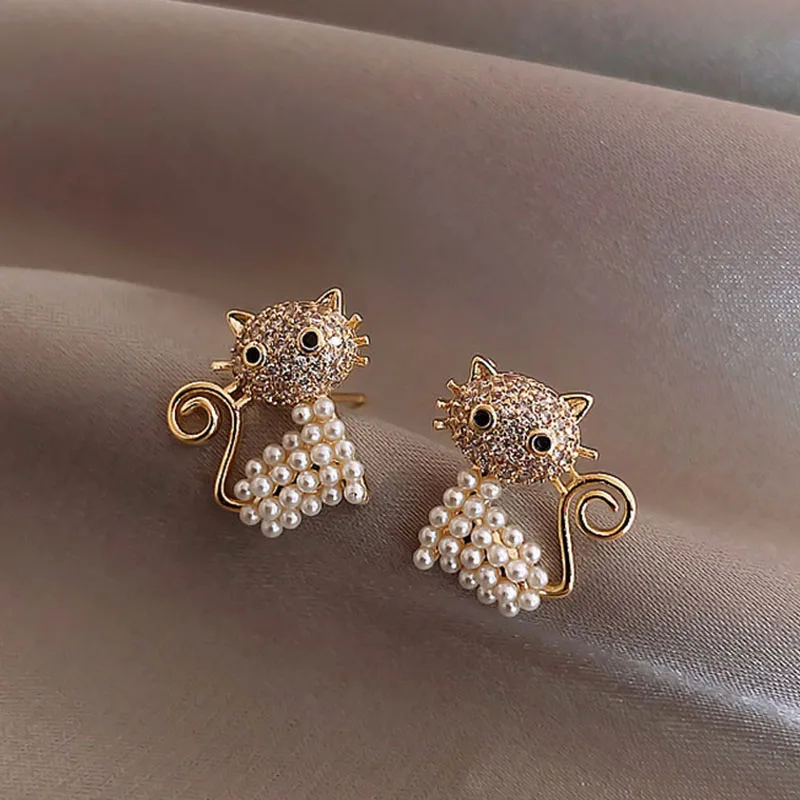 Cute Animal Stud Earrings For Women Cat Simulated Pearl Earring Kitten Horse Bird Rhinestone Earring Girl Party Birthday Jewelry-animated-img