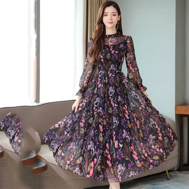 Floral Print Chiffon Dress Women Korean 