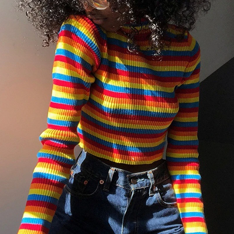 Rainbow Crop Sweater Women Long Sleeve 