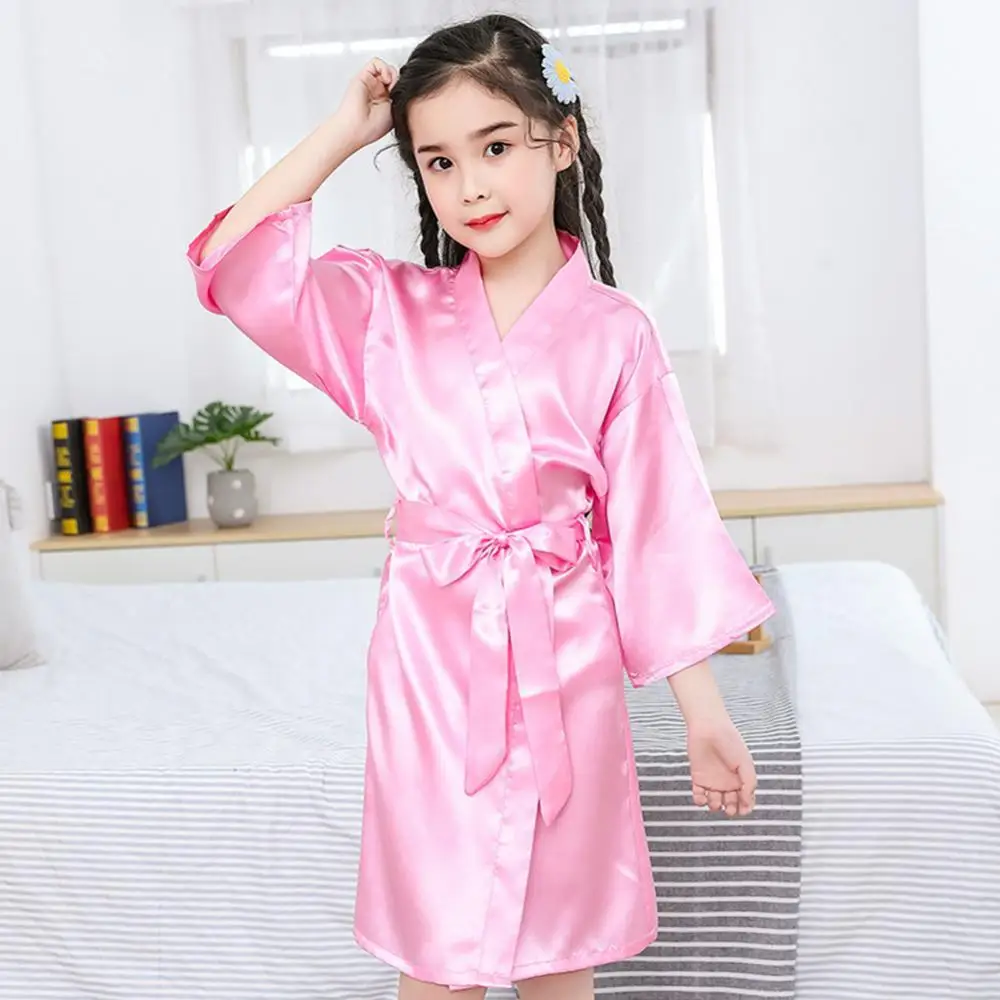 Summer Girls Silk Robe Solid Color Children's Pajamas Soft Kids Bathrobe Girls Satin Robe Teenager-animated-img