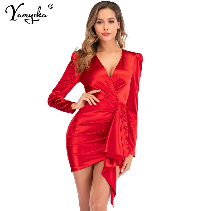 Sexy Red Satin Puff Long sleeve Bodycon 