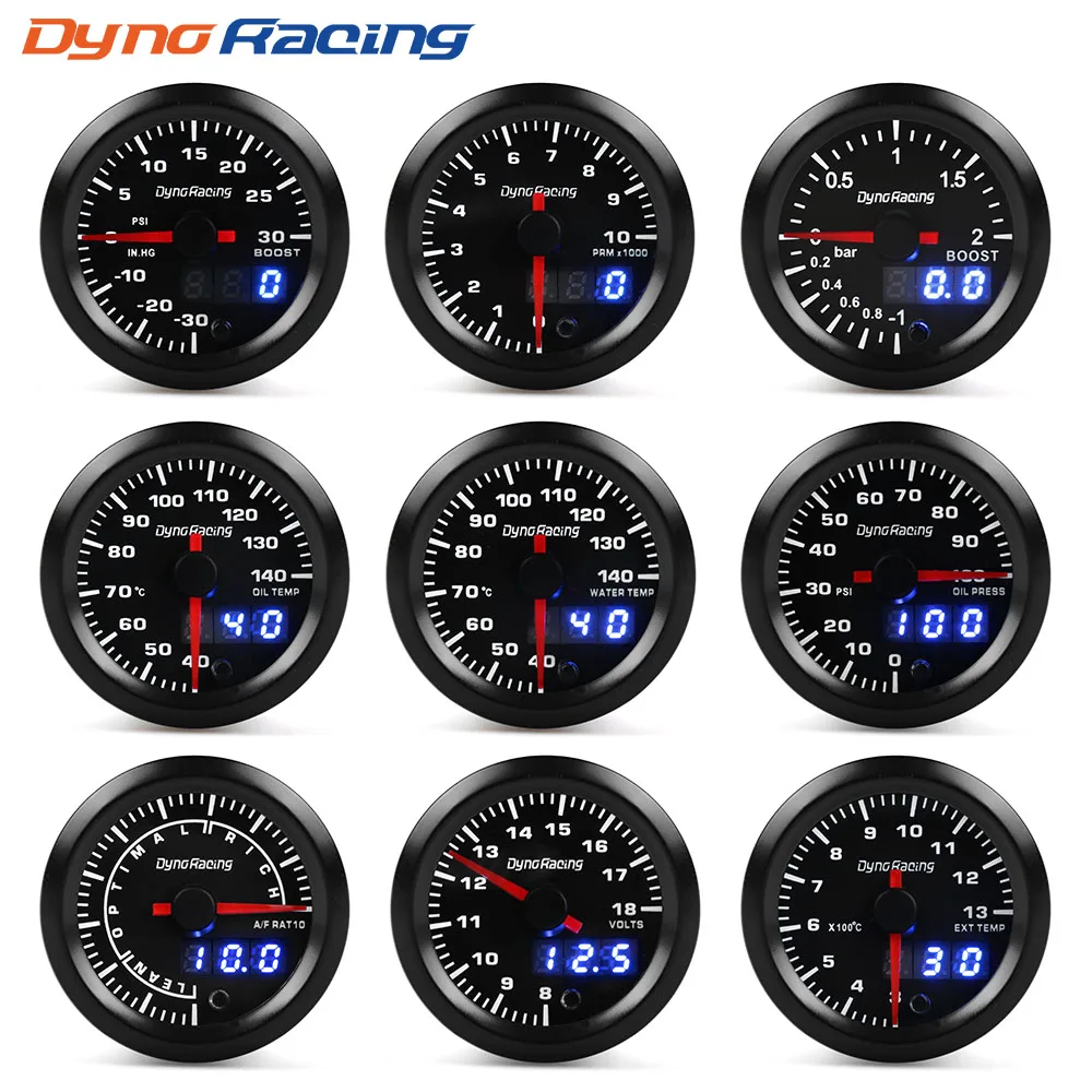 Dynoracing 2" 52mm 7 Colors LED Dual Display Boost Water Oil temp Oil pressure Voltmeter Air fuel Ratio EGT Tachometer Car Gauge-animated-img