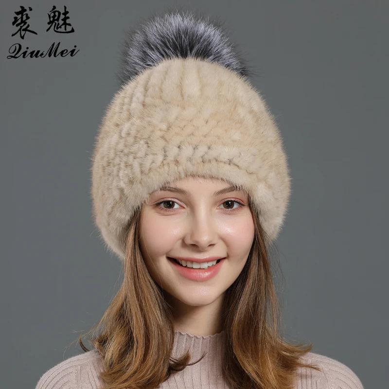 Lined Mink Hat Genuine Fur Skullies Beanies