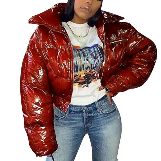 red latex puffer coat