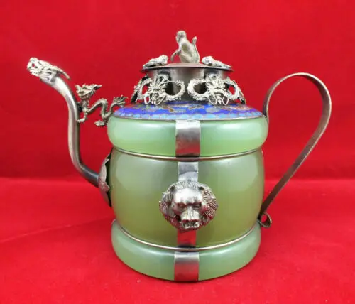 Chinese handwork old green jade bracelet inlay tibet-silver dragon teapot monkey 