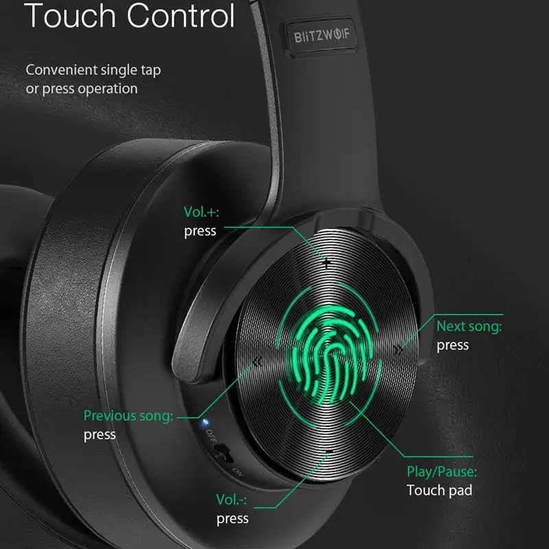 קנו אוזניות | BlitzWolf BW-HP2 bluetooth-compatible Headphone Touch Control  Wireless Headset 50mm Driver 1000mAh Over-Ear Gaming Headset