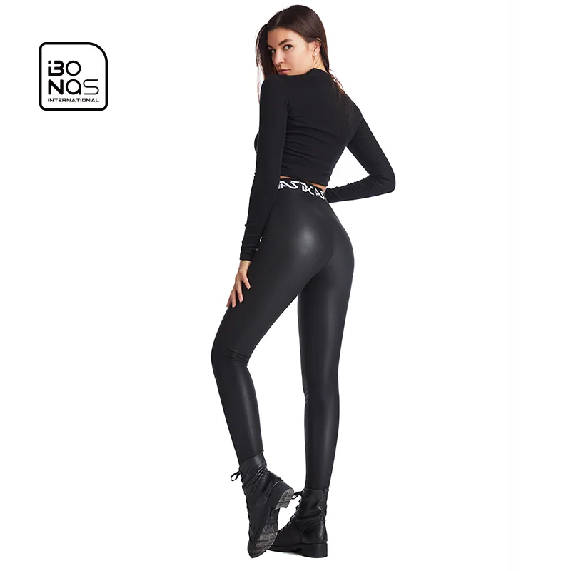 BONAS PU Leather Pants Women Elastic 