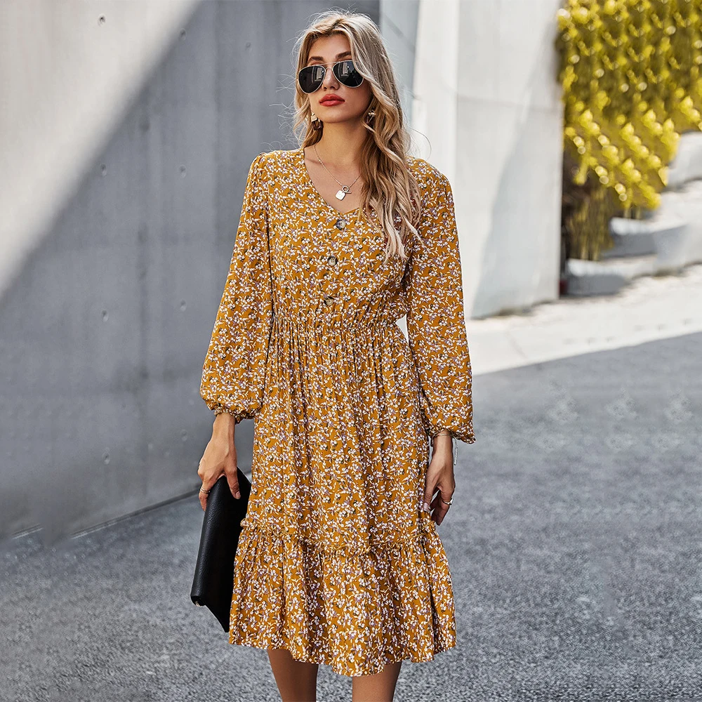 Floral Print Ruffles Midi Dress Women 