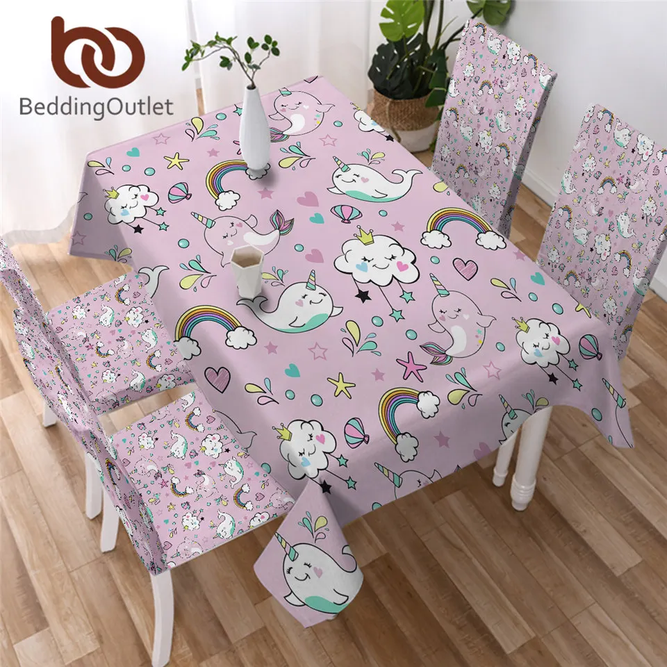 BeddingOutlet Cute Whale Table Cloth Narwhal Unicorn Tablecloth Cartoon Pink Table Cover Clouds Rainbow Waterproof Table Linen-animated-img