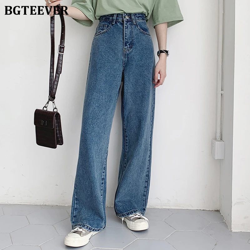 BGTEEVER Casual High Waist Loose Women Denim Jeans Streetwear Vintage Long Wide Leg Jeans Pants Female Trousers Capris 2021