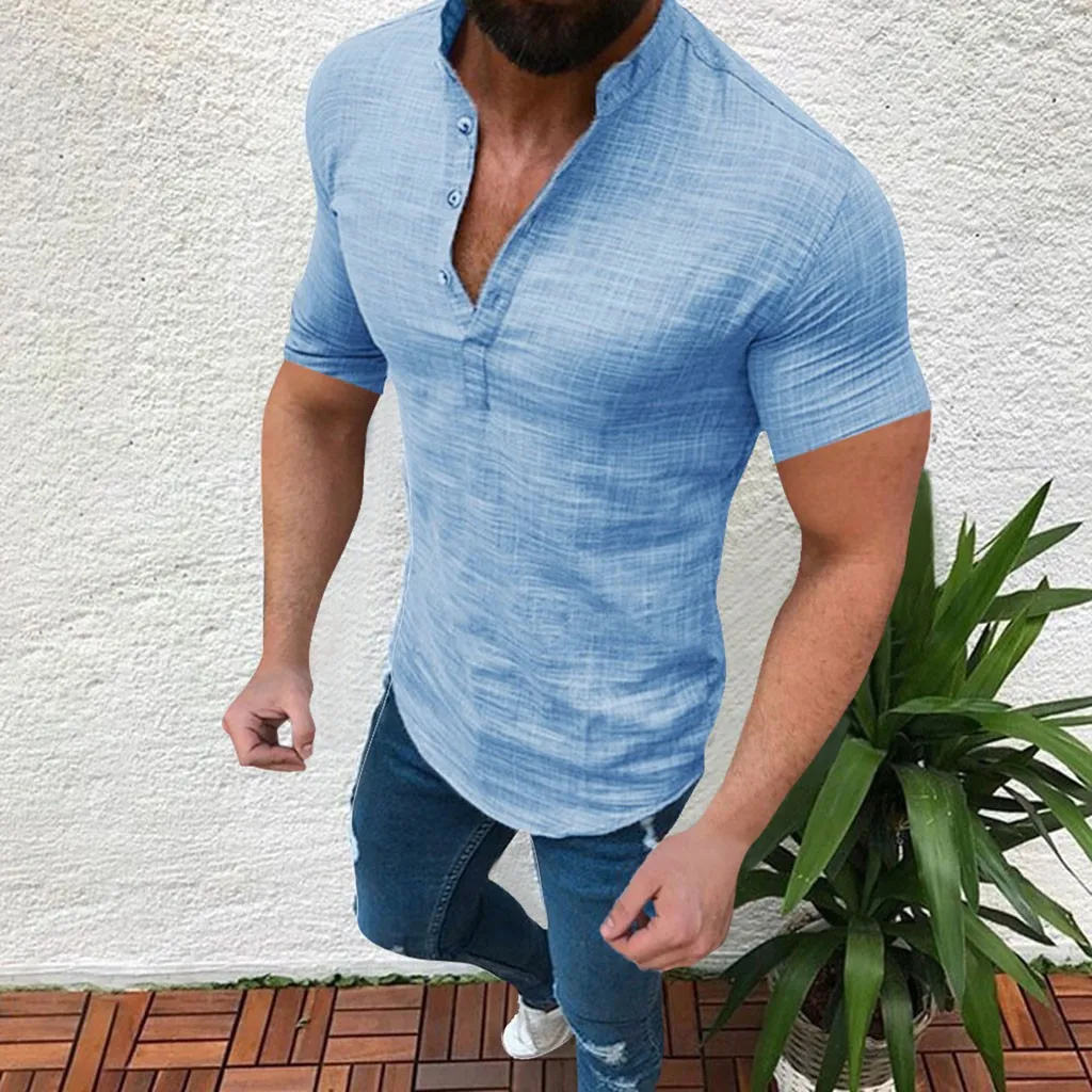 Men Linen Shirts Summer Short Sleeve 