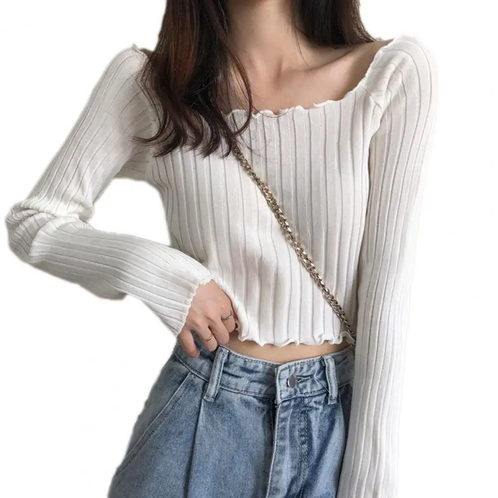 Autumn Women Tops Solid Color Long Sleeve Ribbed Slim Short Blouse Wavy Hem Knitwear Pullover Women Clothes