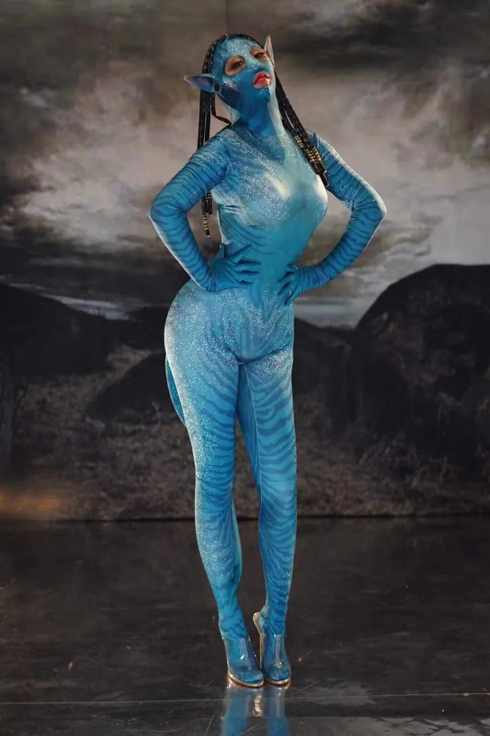 Купить Костюмы и аксессуары для Пурима | Sexy Avatar coverall bodysuit  Nightclub stage jumpsuit halloween party cosplay costume women men blue  jumpsuit tail