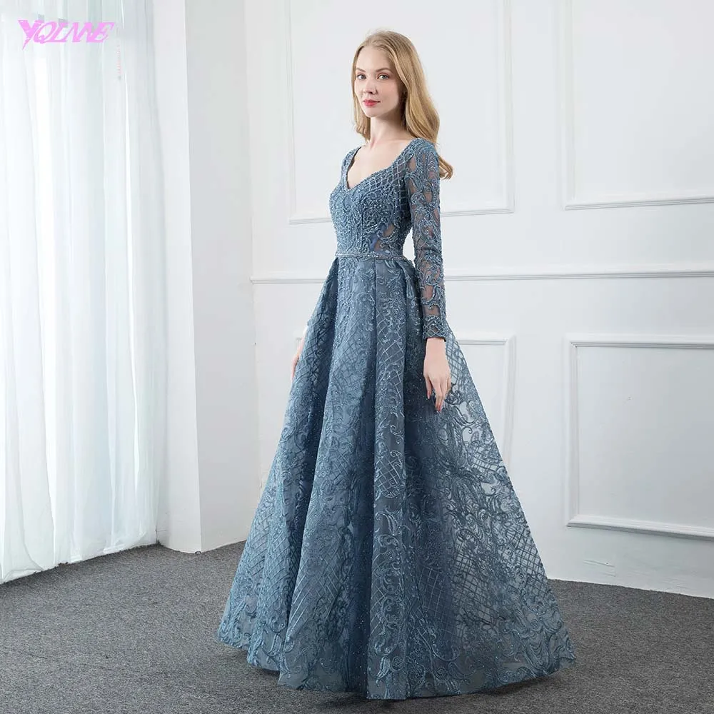 YQLNNE Dusty Blue Lace Embroidered 