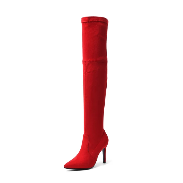 red stretch over the knee boots