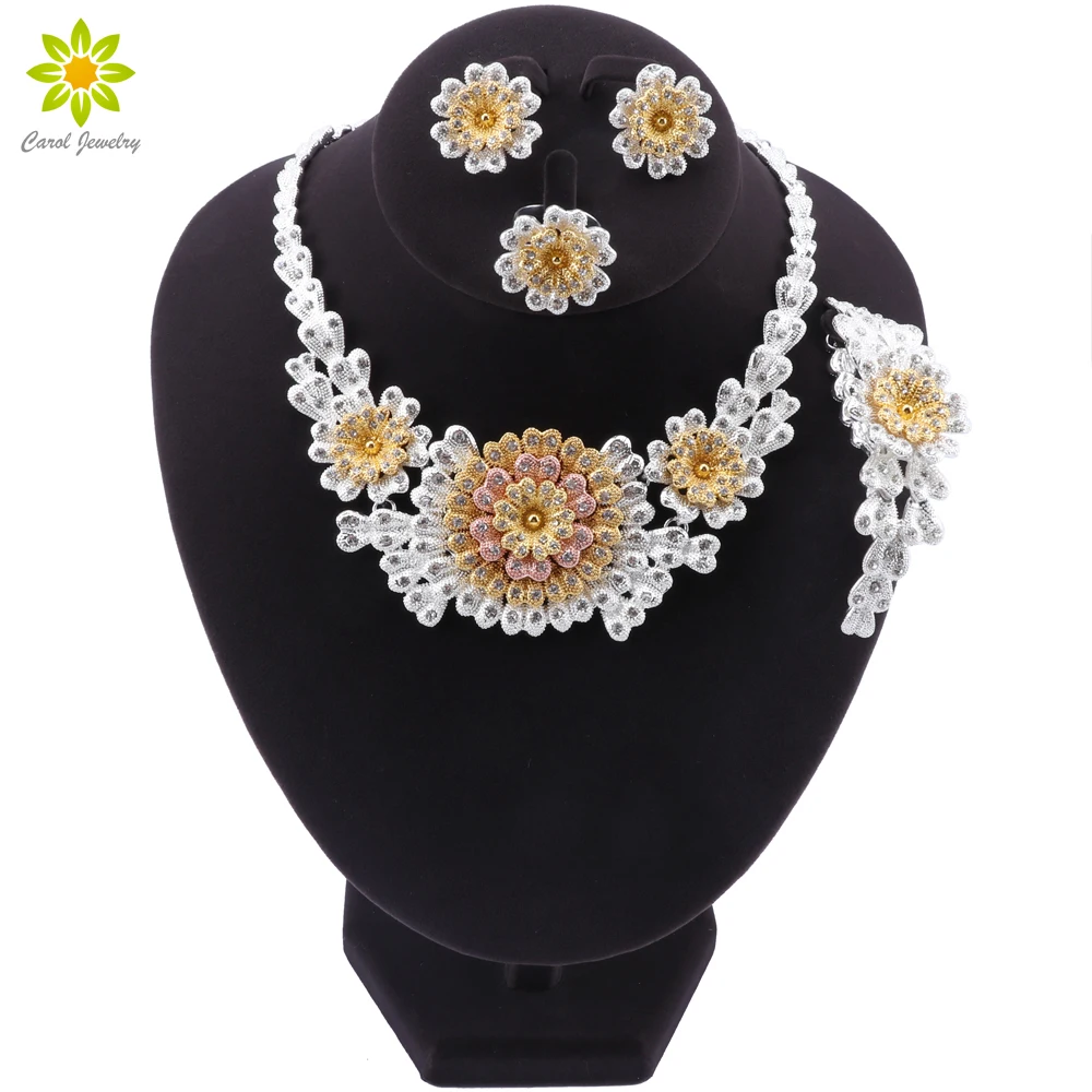 Fashion Statement Jewelry Set Brand Dubai Gold-color Flower Shaped Necklace Set Nigerian Wedding Woman Accessories Jewelry Set
