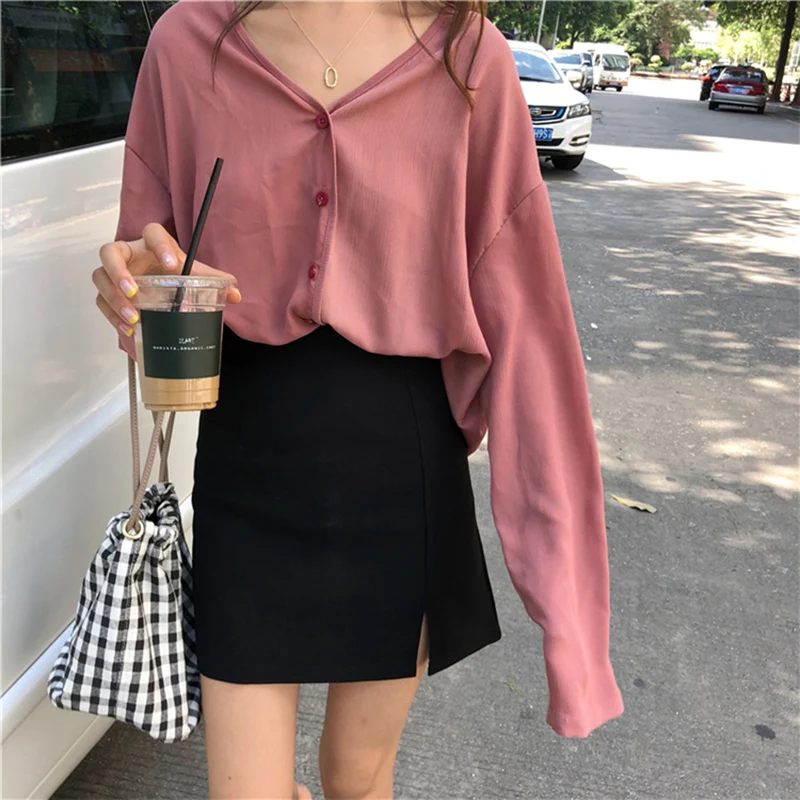 Chiffon Blouse Women Pink Button Autumn 