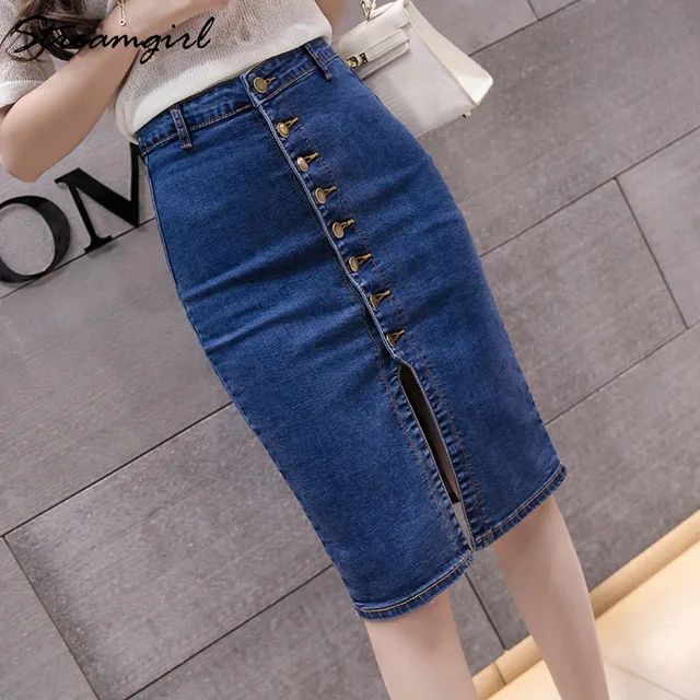 mid length denim skirts womens