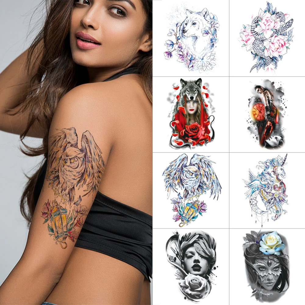 Agora Tatoyaz Half Arm Temporary Tattoo Sticker Pink Red Flower Waterproof Fake Tattoo Snake Wolf Body Art Tattoo Woman Sexy Tattoo