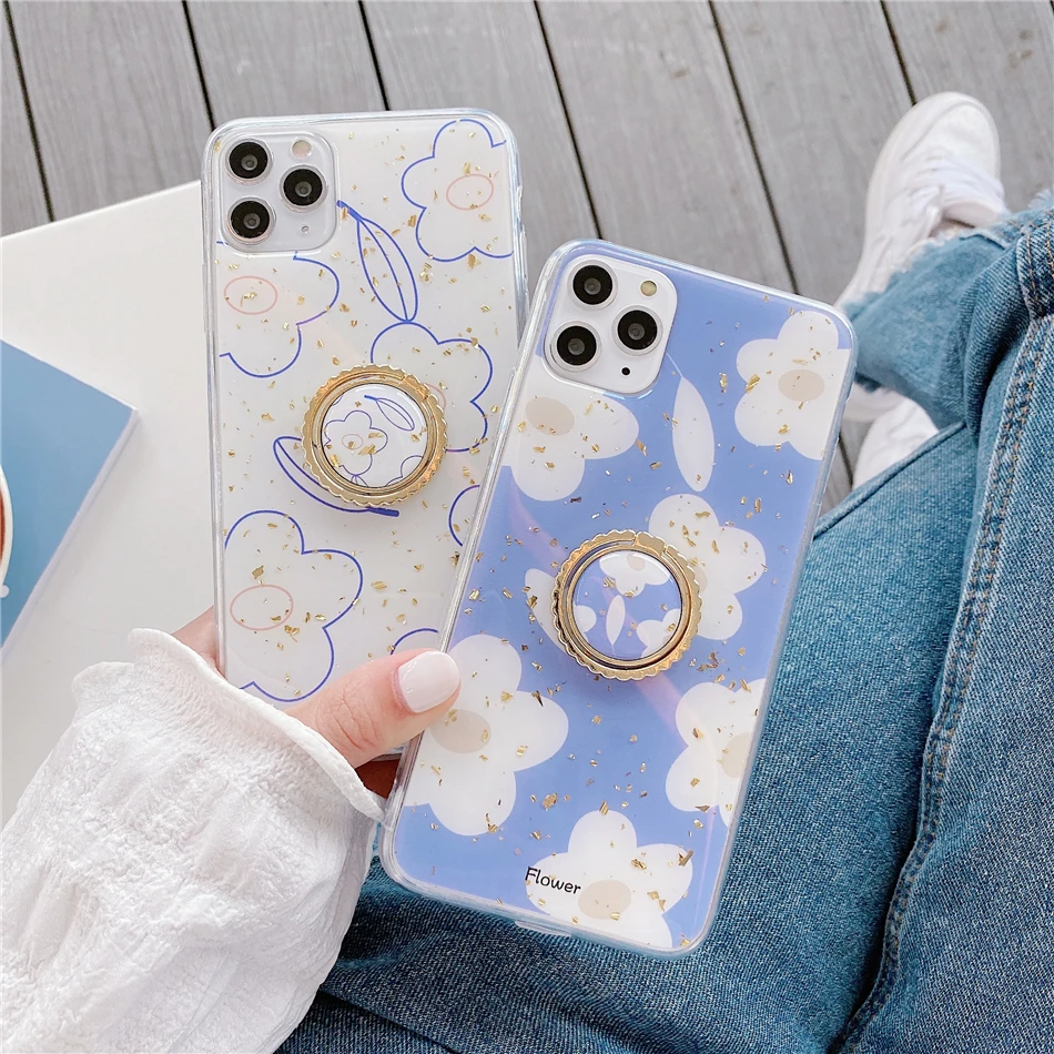 Agora A3esoyar Kinhtwn Summer White Flower Golden Aluminum Foil Ring Phone Case For Iphone 11 Pro Max Xr Xs Max 8 7 Plus Se Soft Epoxy Back Cover
