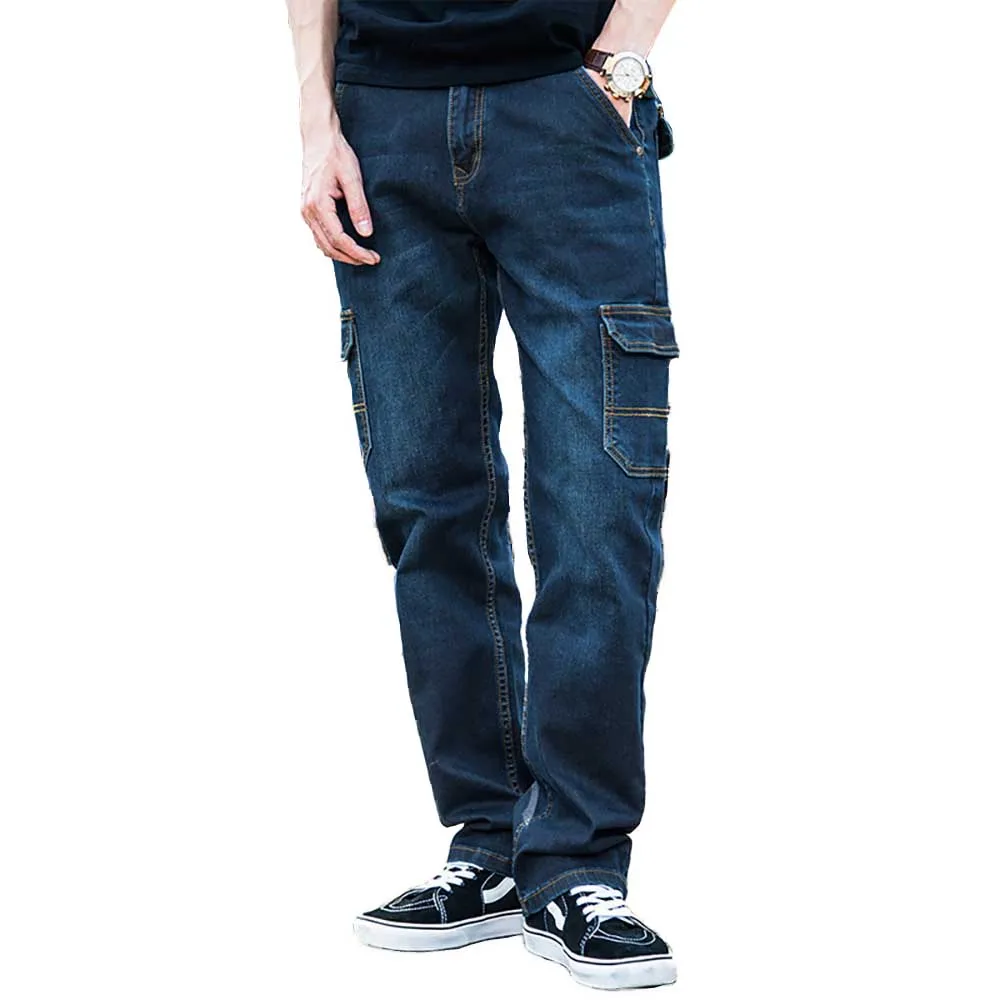 Cumpără Jeans  Trendy Cargo Jeans Men Casual Denim Pants Cotton Straight  Trousers Loose Baggy Black Jeans Plus Size Man Clothing