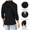 New Fashion Men's Hooded Tee Long Sleeve Cotton Henley T-Shirt Medieval Lace Up V Neck Outdoor Tee Tops Loose Casual Solid Shirt preview-4
