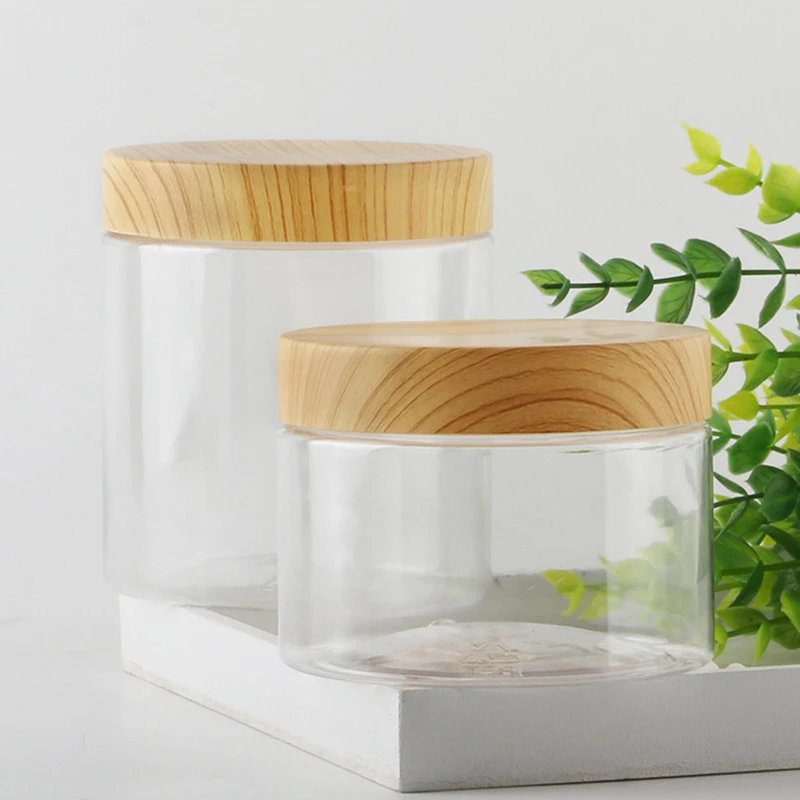 100/200/300/400/500ml Empty Clear Pet Jars Container With Plastic Imitation Wood Lid Transparent Plastic Storage Bottle Rice Pot-animated-img