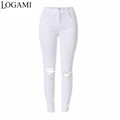 לוגאמי ג'ינס לבן נשים מכנסיים קרועים בעיפרון נשים מותן גבוה ג'ינס סקיני ג'ינס לנשים ג'ינס דק Trou Genou פנטלון femme