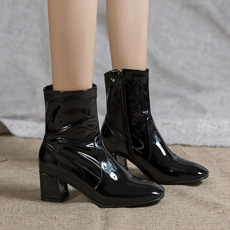 ladies patent leather ankle boots