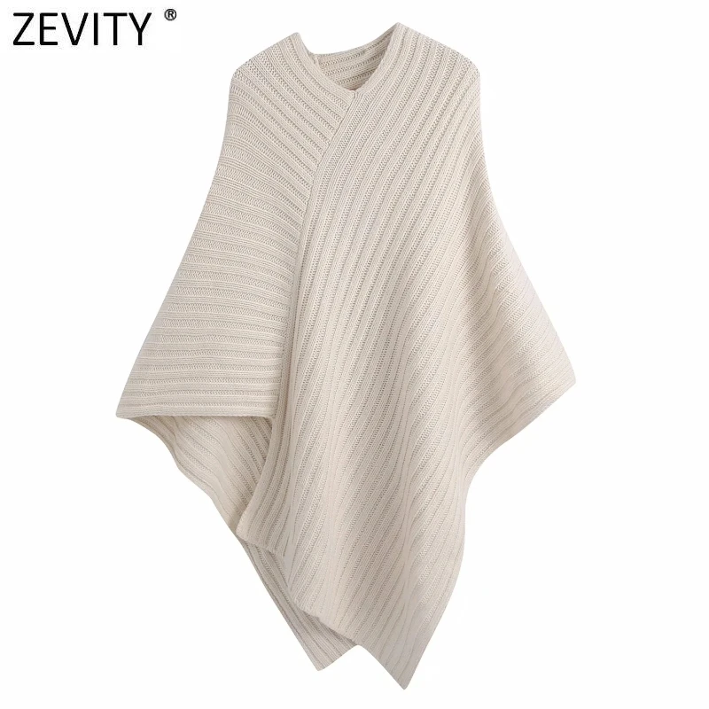 Zevity Women Fashion O Neck Solid Color Patchwork Asymmetric Loose Knitting Sweater Female Chic Cape Style Pullovers Tops SW931