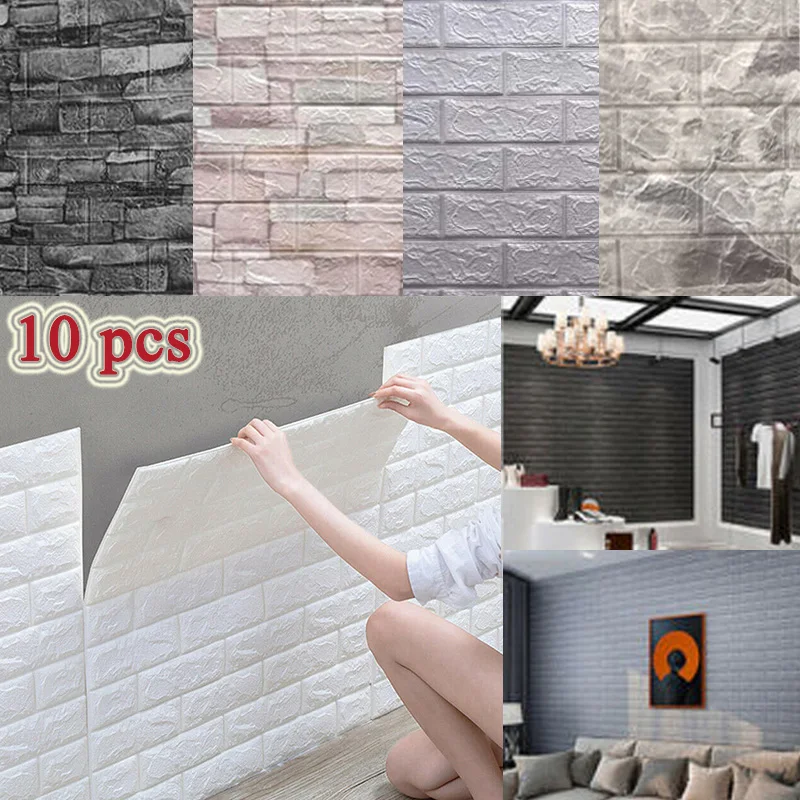 10 Pcs Self-adhesive 3D Panels Wallpaper Waterproof Foam Wall Stickers Tile Brick Living Room TV Background Decals 38*35cm
