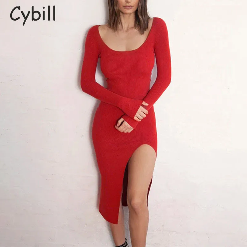 Cybill Square Collar Split Midi Dress 