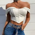Cryptographic PU leather Sexy Bustier Corset Top Off Shoulder Chiffon White Strapless Female Top Cropped Tops Women Clothes preview-2