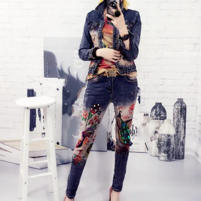 New Sequin Flowers Print Jeans Jacket 