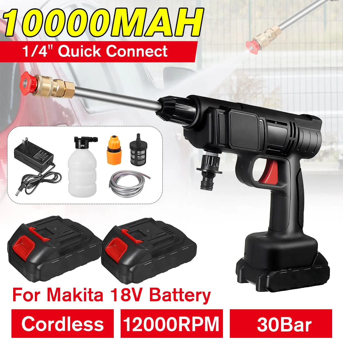 30Bar 10000mAh Cordless Electric High Pressure Washer Rechargeable Auto Car Washing Spray Gun Water Gun for Makita 18V Battery