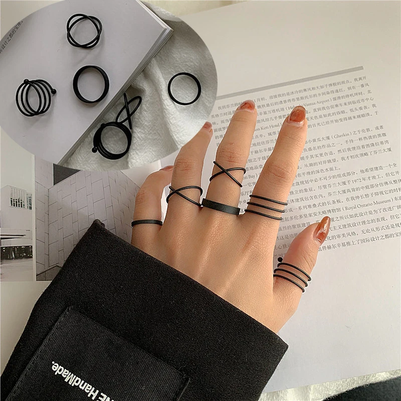 6Pcs/set Punk Finger Rings Minimalist Smooth Gold/black Geometric Metal Rings for Women Girls Party Jewelry Bijoux Femme