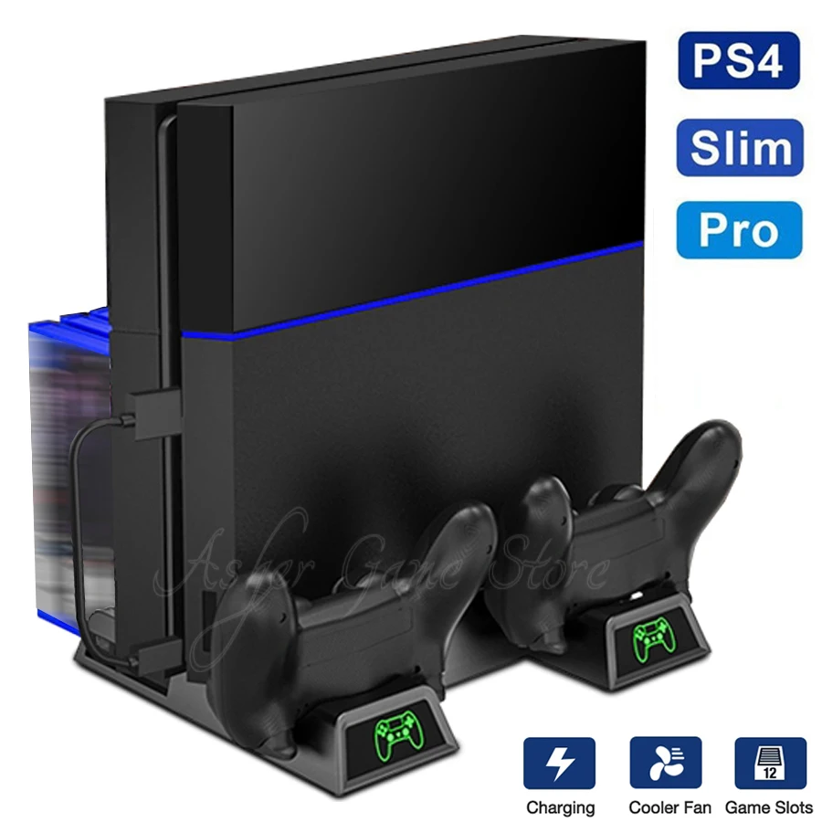Αγορά Βιντεοπαιχνίδια - PS4 / PS4 Slim / PS4 Pro Vertical Stand 2 Charging Dock 2 Cooing Fan 12 Games Slot 4 Micro Dongles for Playstation 4 Accessories