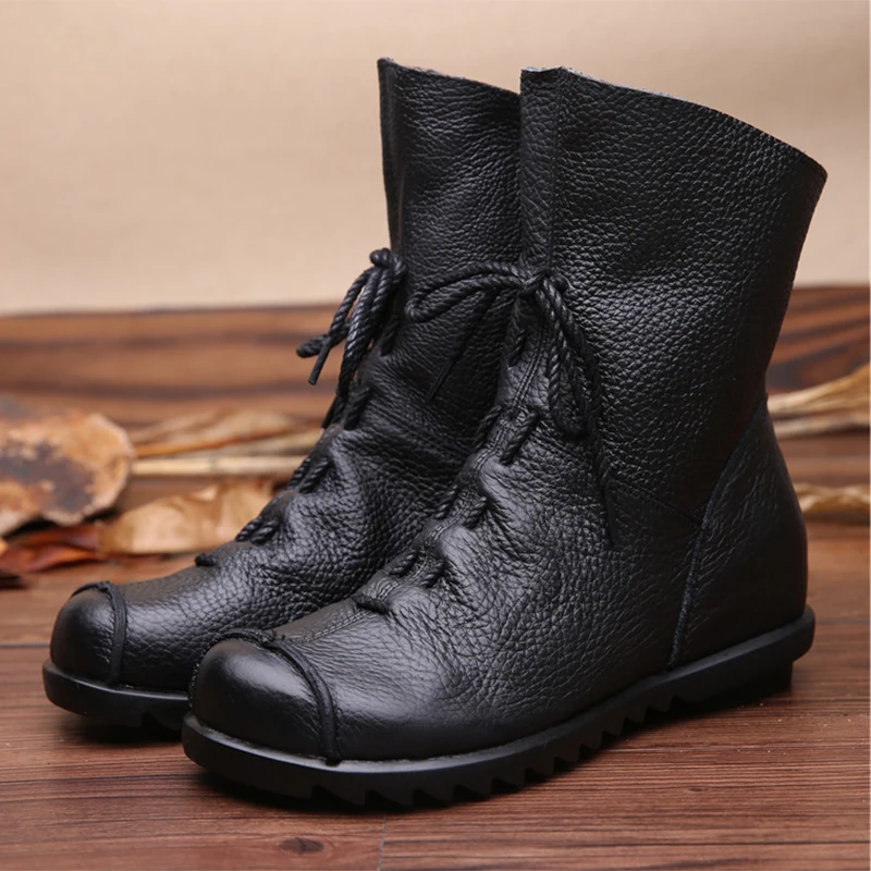 2022 Vintage Style Genuine Leather Women Boots Flat Booties Soft Cowhide Women's Shoes Side Zip Ankle Boots zapatos mujer-animated-img