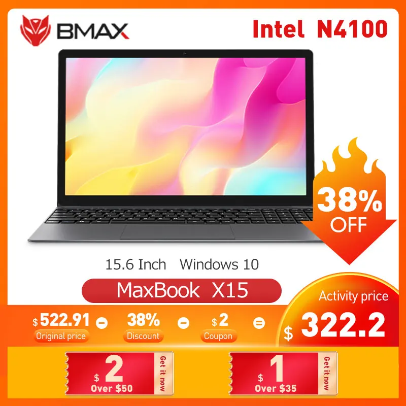 BMAX X15 Laptop 15.6 Inch Intel Gemini Lake N4100 UHD Graphics 600 8GB LPDDR4 128GB SSD 1920*1080 Win10 Multi-language Notebook