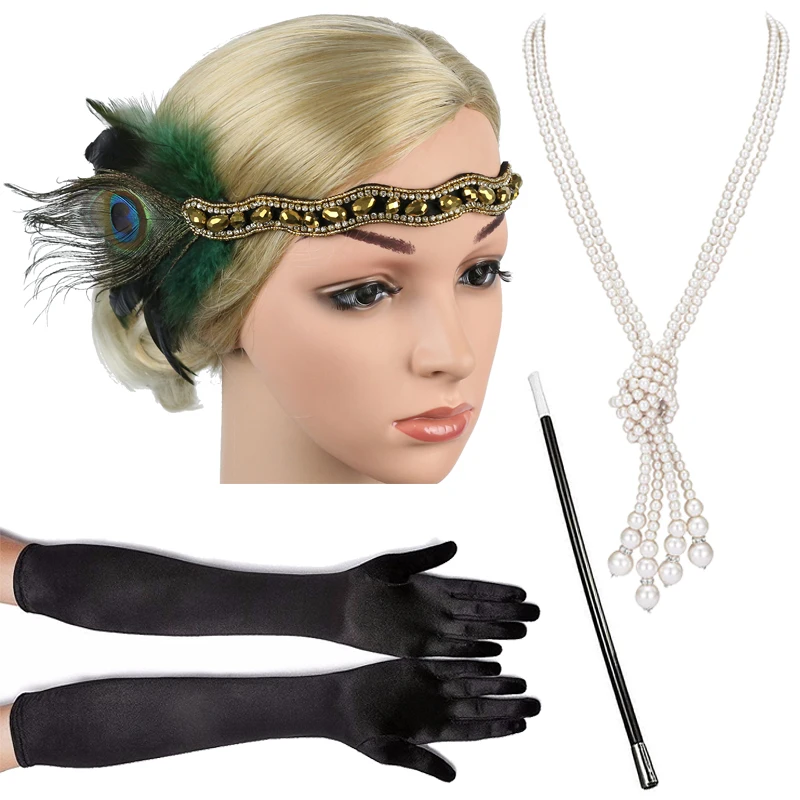 1920s Women Vintage Flapper Gatsby Costume Accessories Set 20s Headband  Pearl Necklace Gloves Cigarette Holder Anime Earring Set - AliExpress