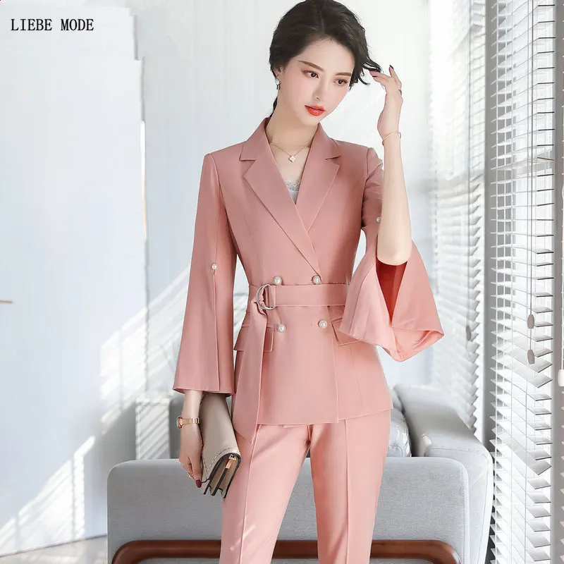 pink and white pants suit