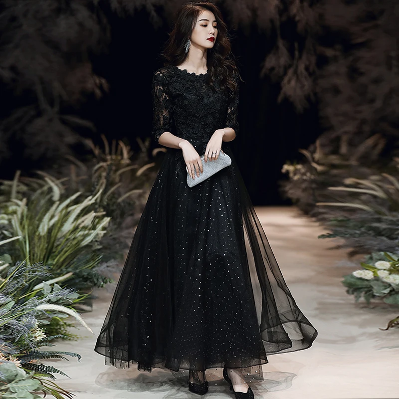 Black Evening Dresses O-neck Lace Half 
