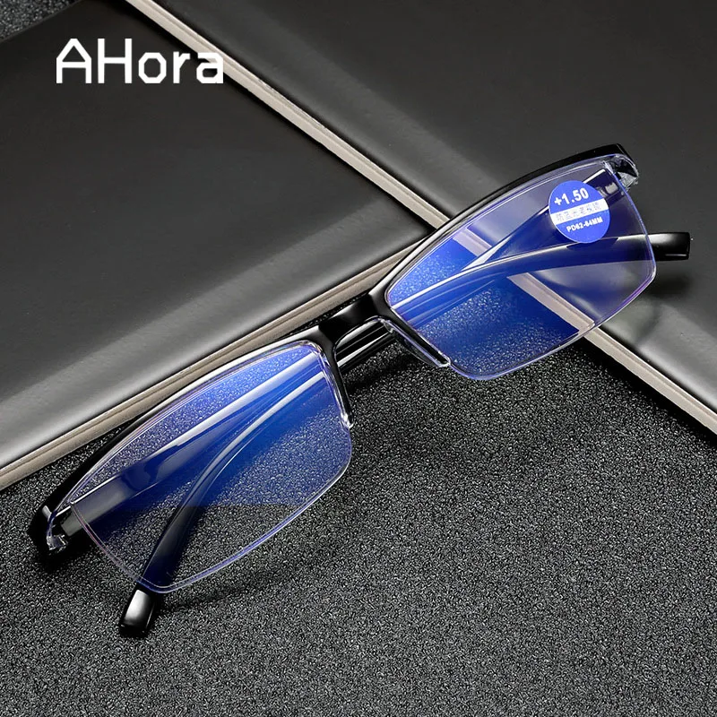 blue half frame glasses