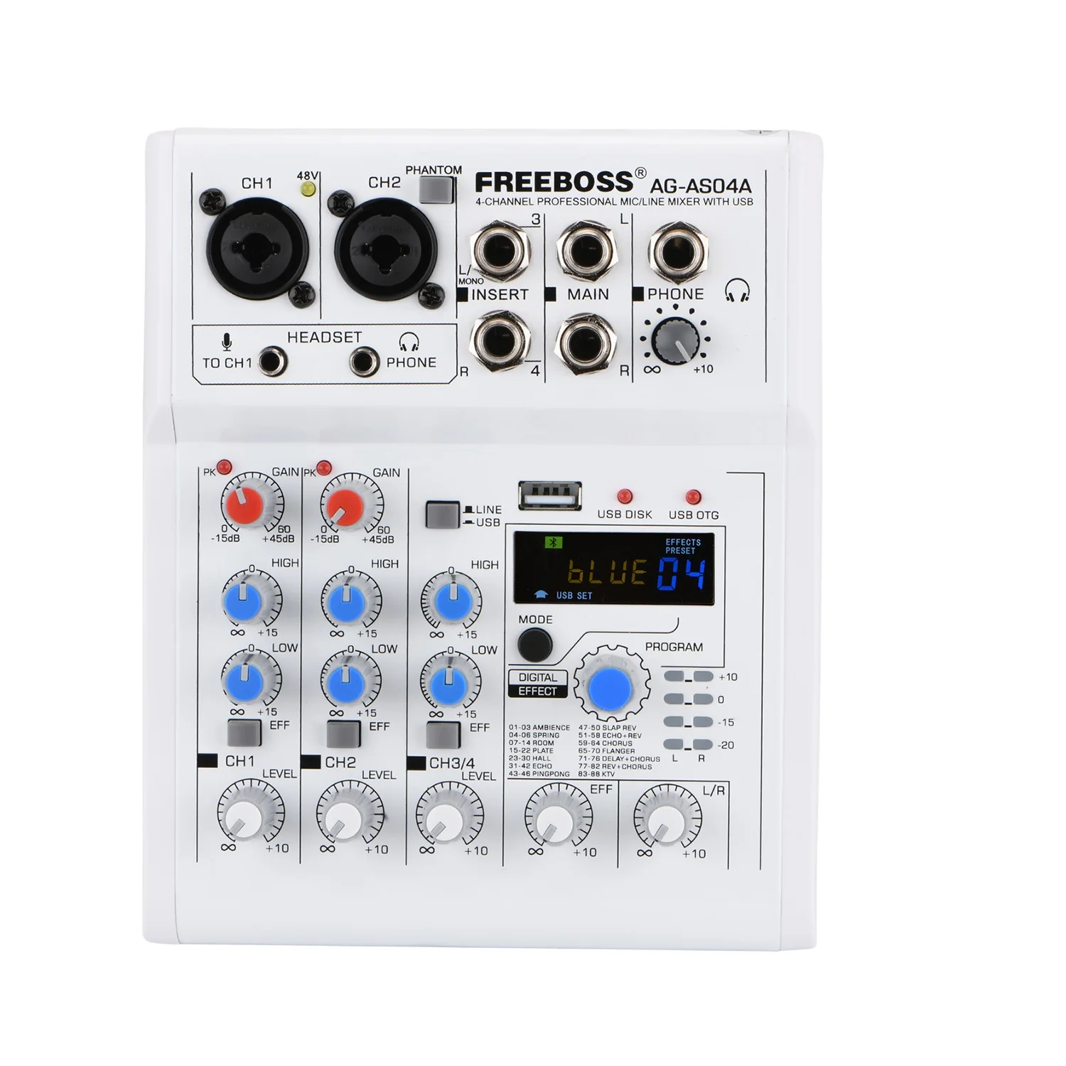 FREEBOSS AG-AS04A 4 Channel DC 5V Bluetooth Mobile Computer USB Play and Record 88 DSP Effects Echo Reverb Personal Audio Mixer-animated-img