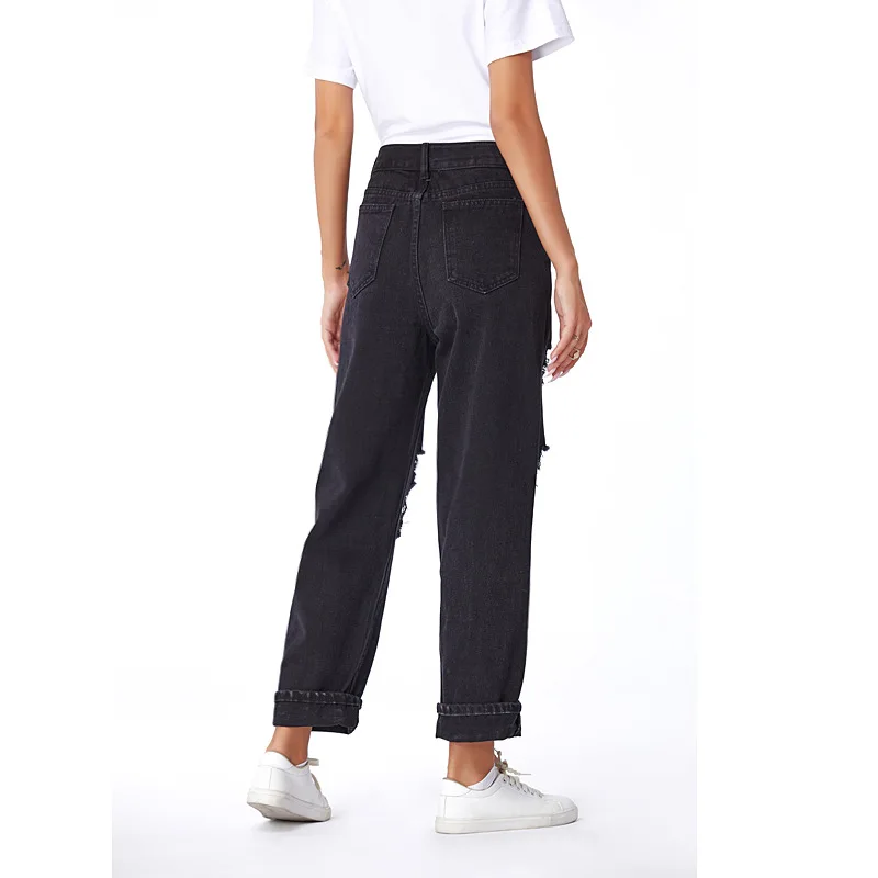 Straight Hole Black Baggy Jeans Women 