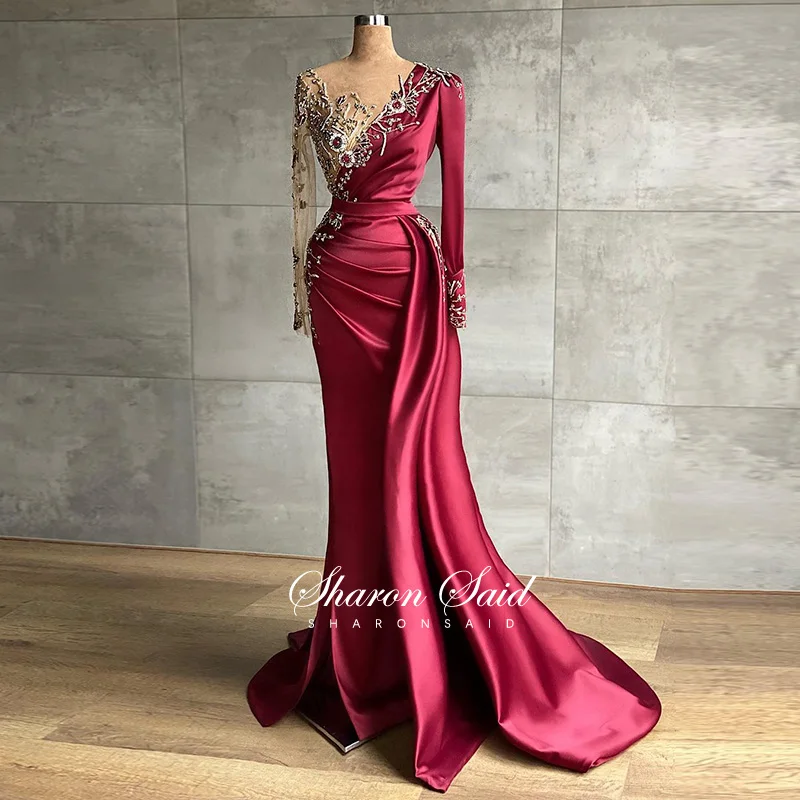 Burgundy Satin Arabic Evening Dress 